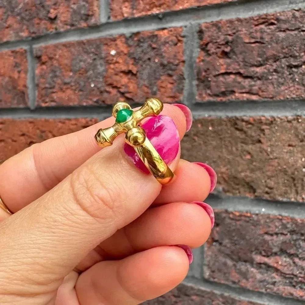 Anthropologie Taya Green Onyx 18K Gold Stainless Steel Waterproof 7 size Ring